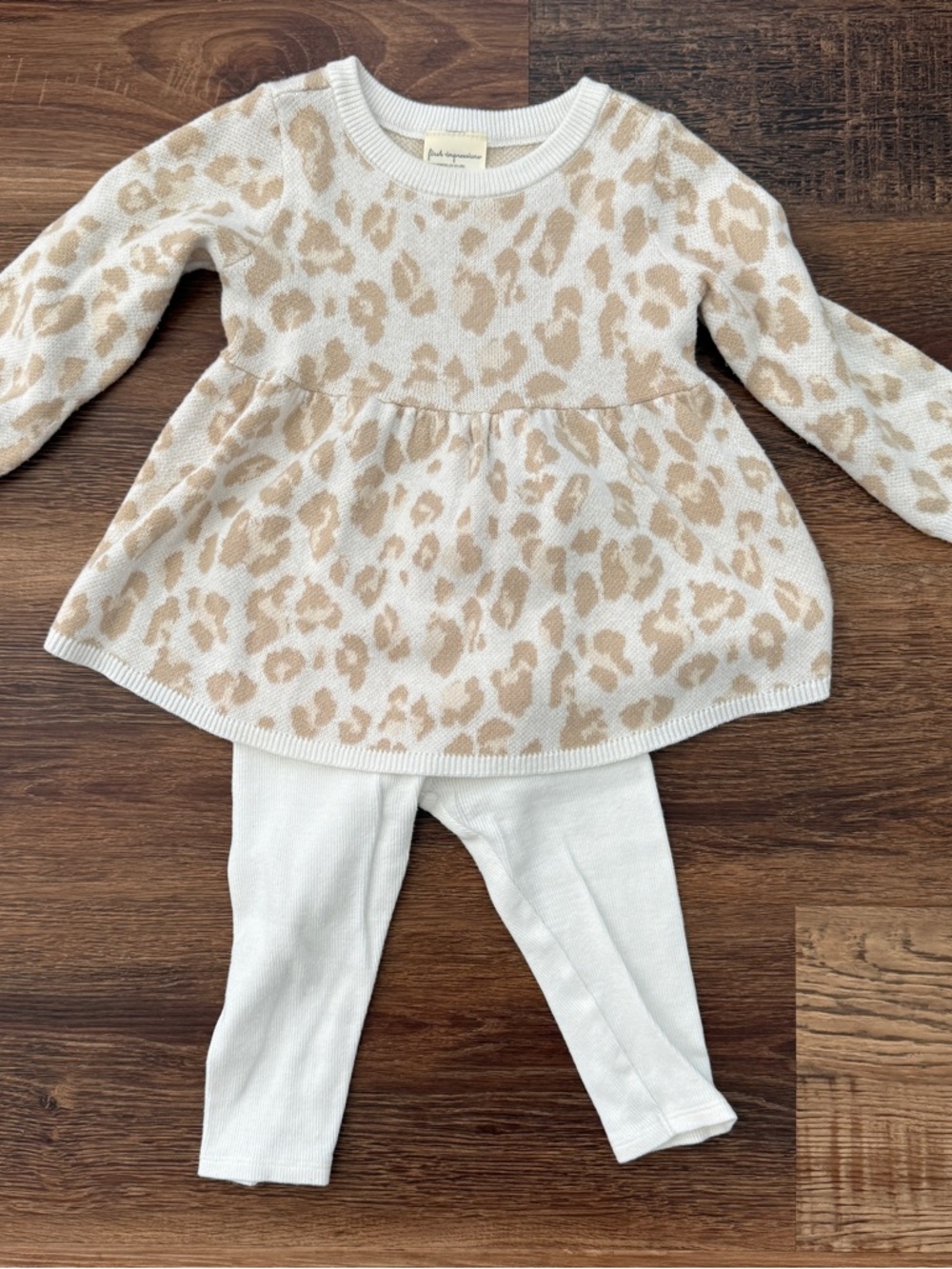 First Impressions Cream & Tan Leopard Knit Top with Cream Leggings - 12 months